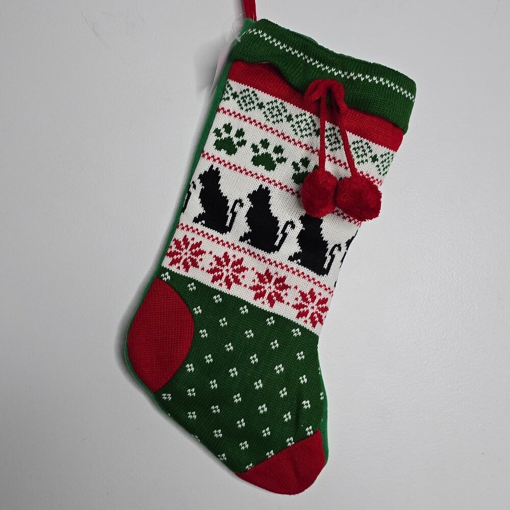 Christmas Knit Stocking Cat Kitten Paws‎ Pet 17" Red Green Lined Pom Poms NEW